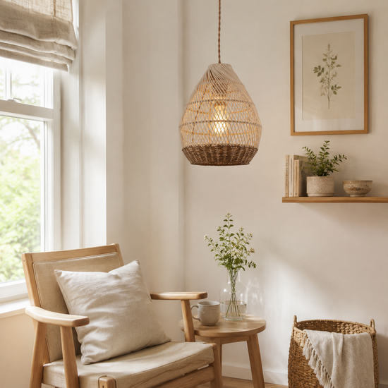 Handwoven Boho Teardrop Design Rattan Iron Pendant Light