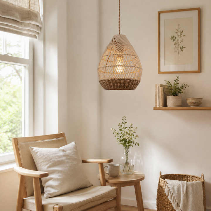 Handwoven Boho Teardrop Design Rattan Iron Pendant Light