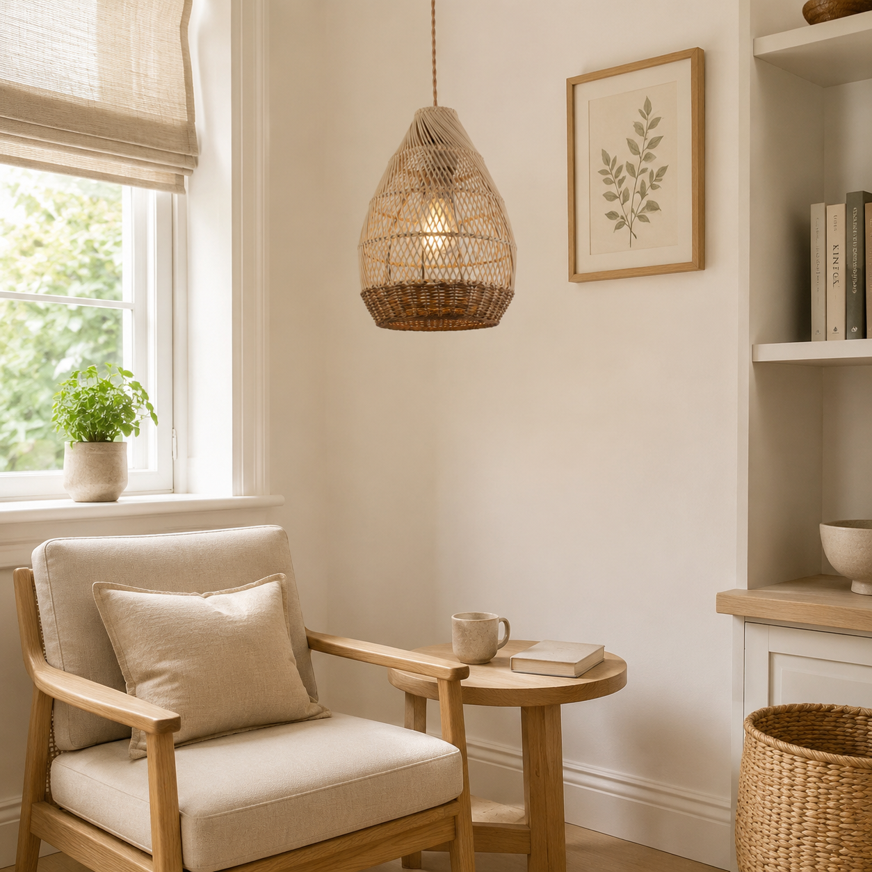 Handwoven Boho Teardrop Design Rattan Iron Pendant Light