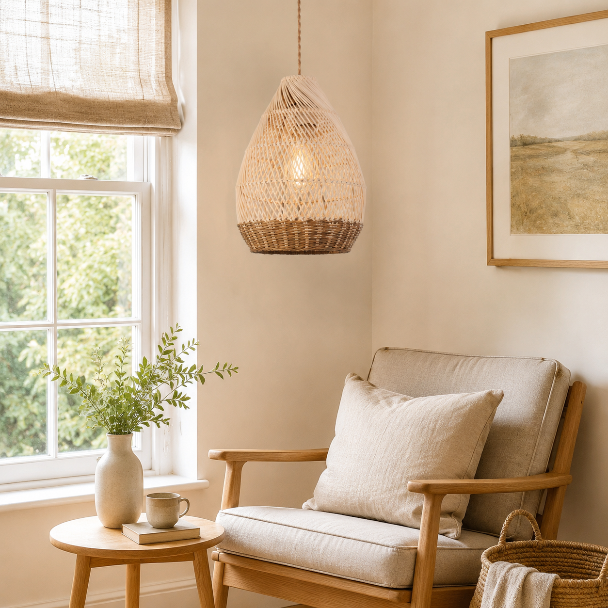 Handwoven Boho Teardrop Design Rattan Iron Pendant Light