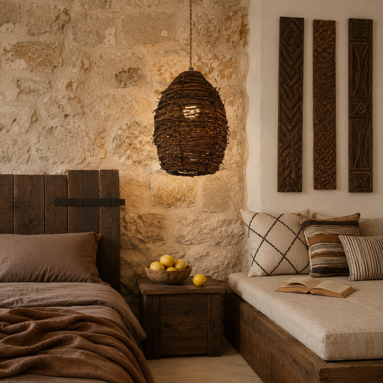Handcrafted Rustic Woven Rattan and Iron Pendant Light