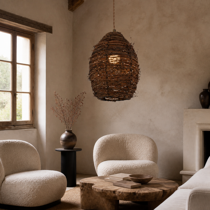 Handcrafted Rustic Woven Rattan and Iron Pendant Light