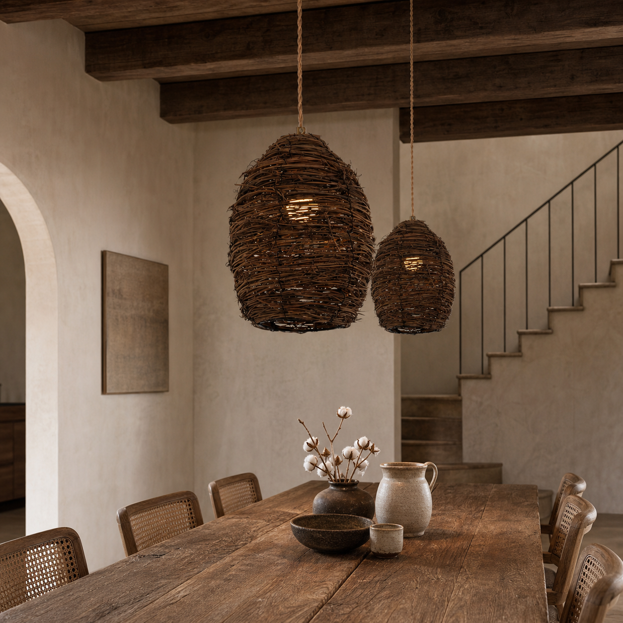 Handcrafted Rustic Woven Rattan and Iron Pendant Light