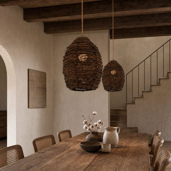 Handcrafted Rustic Woven Rattan and Iron Pendant Light