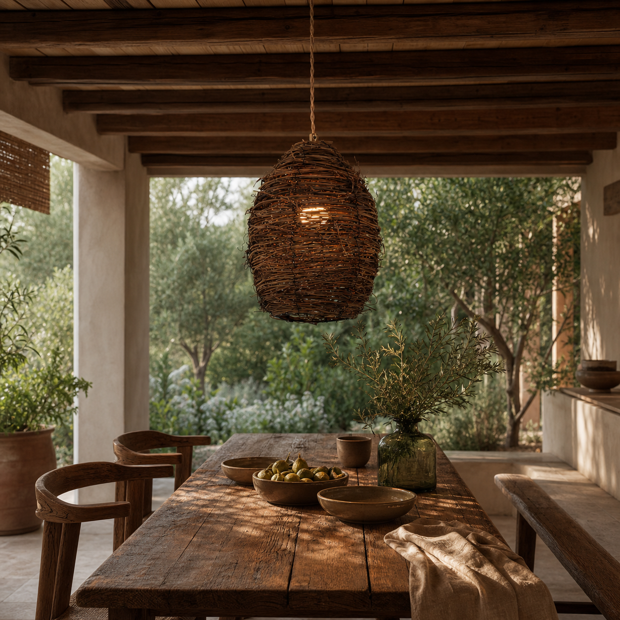 Handcrafted Rustic Woven Rattan and Iron Pendant Light