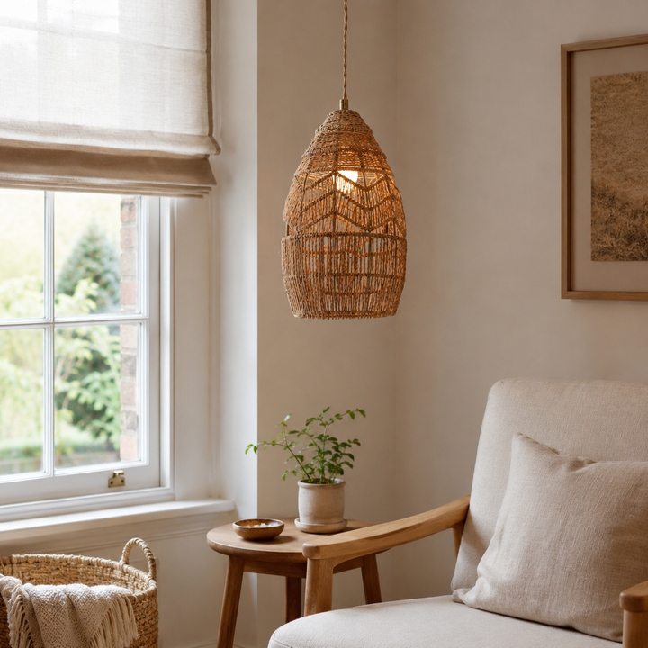 Handwoven Rattan Bell Pendant Light for Dining Room Decor