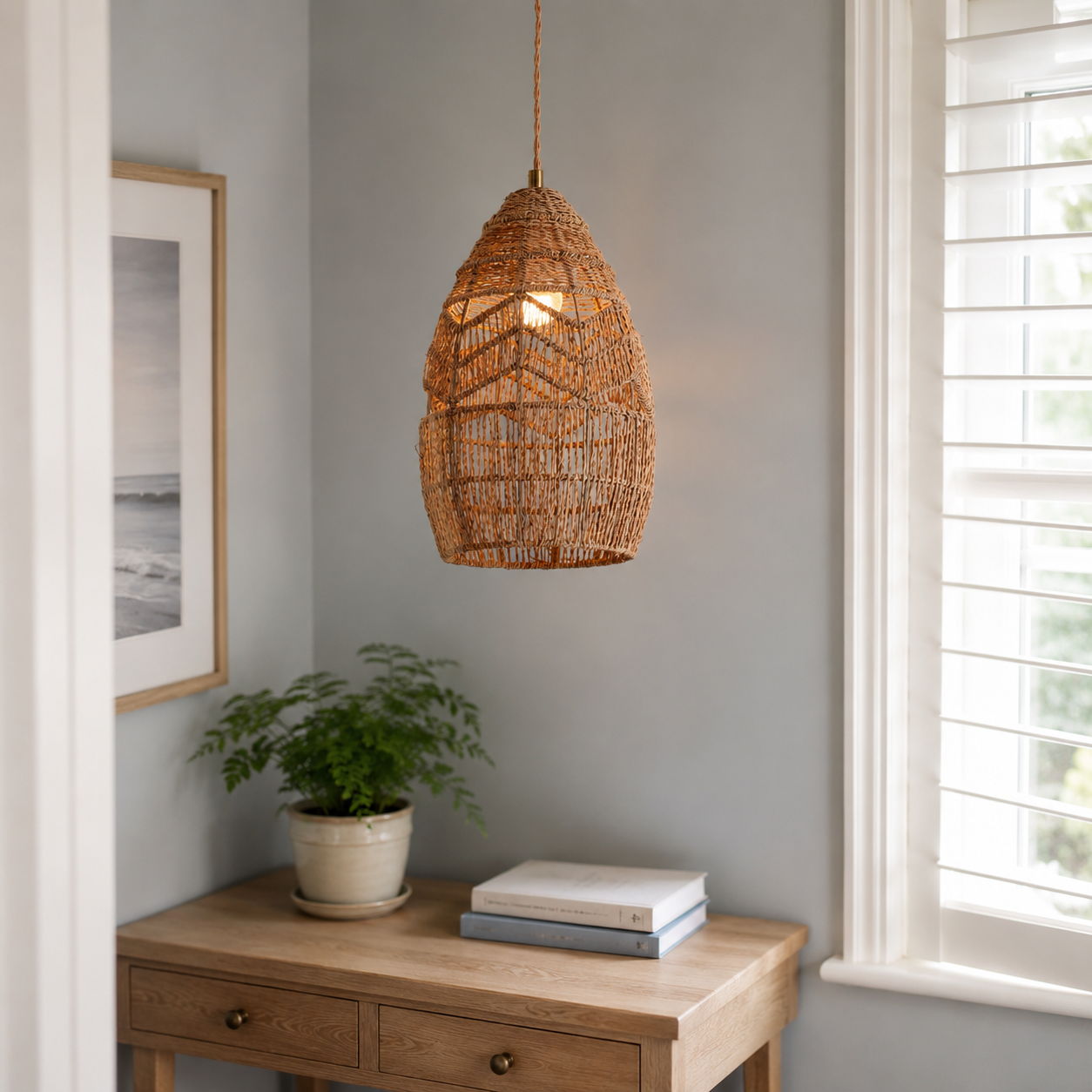 Handwoven Rattan Bell Pendant Light for Dining Room Decor