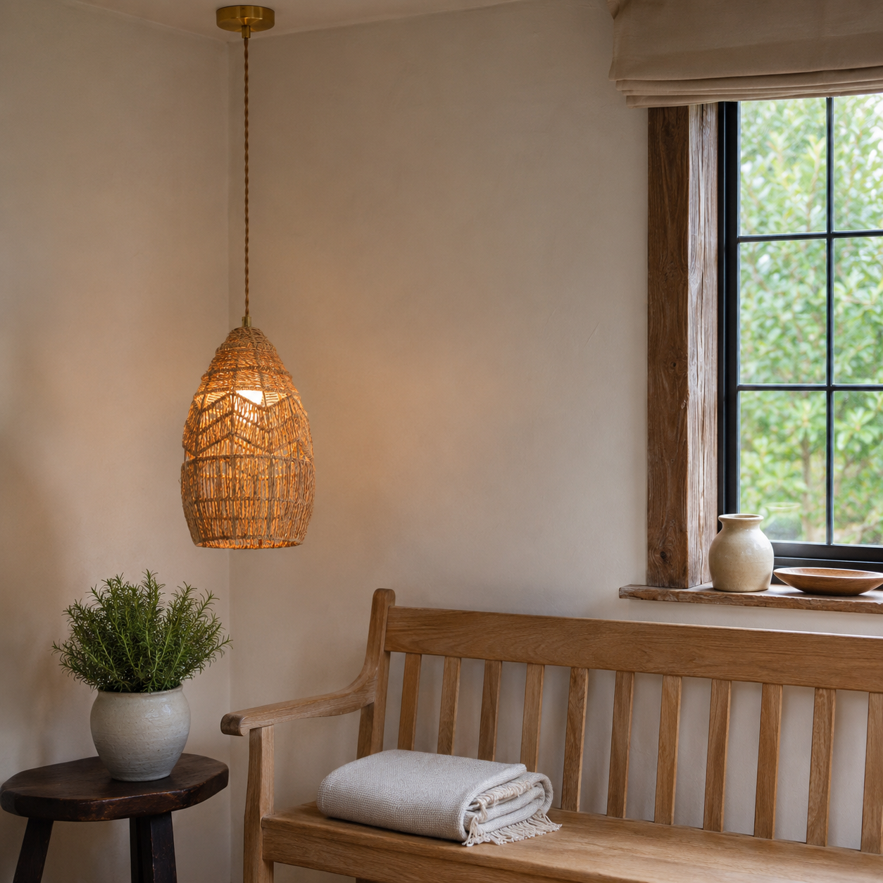 Handwoven Rattan Bell Pendant Light for Dining Room Decor