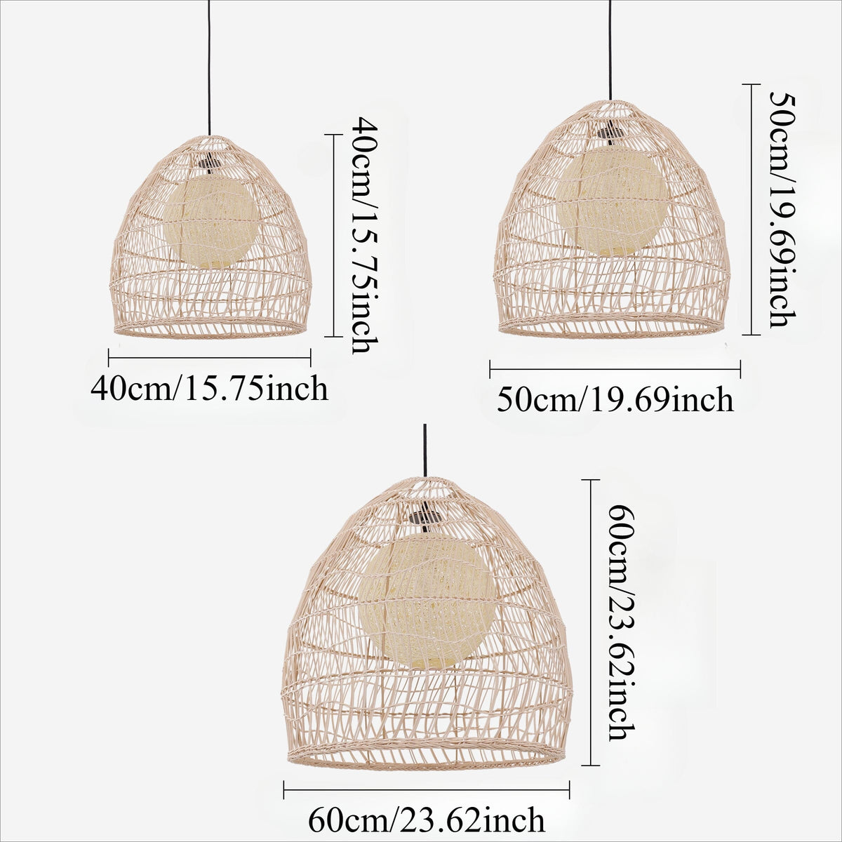 40cm, 50cm and 60cm rattan pendant light size guide with inner sphere