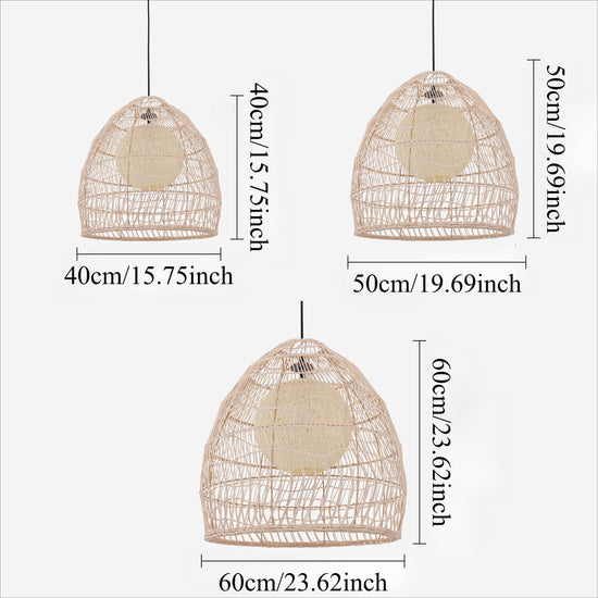 40cm, 50cm and 60cm rattan pendant light size guide with inner sphere