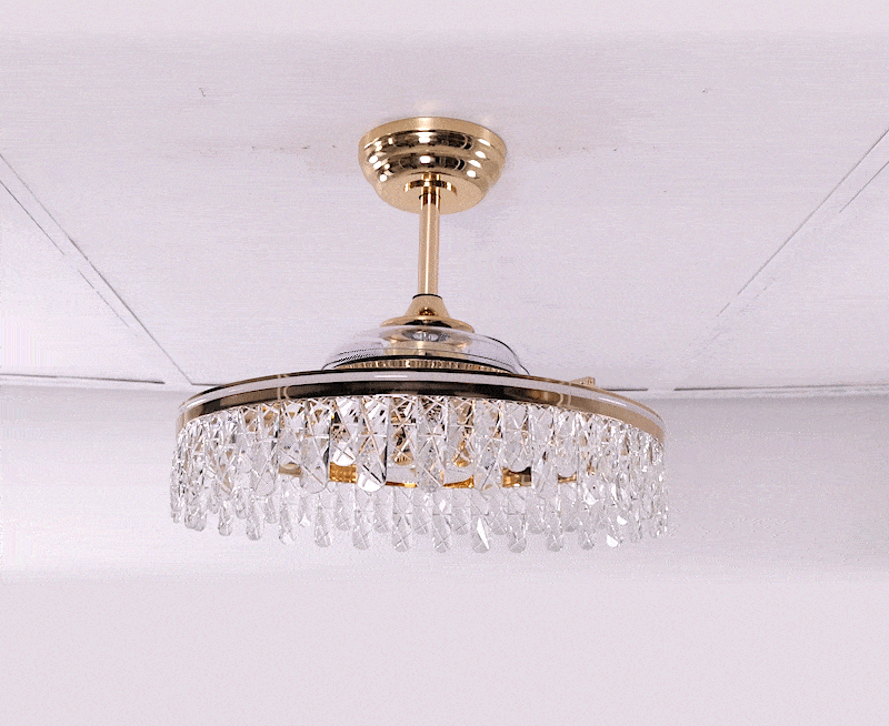 Gold crystal ceiling fan light GIF showing fan and lighting operation