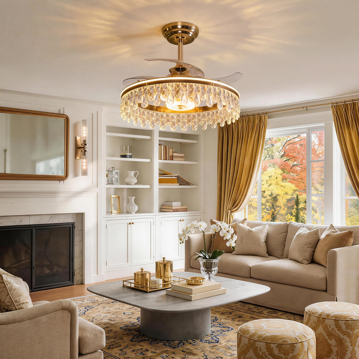 60cm gold crystal ceiling fan with LED light and decorative shade