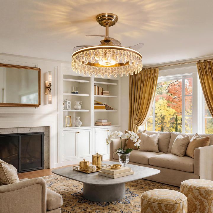 60cm gold crystal ceiling fan with LED light and decorative shade
