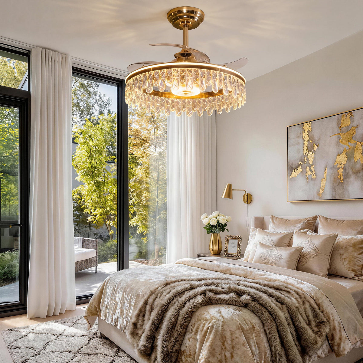 Modern gold crystal ceiling fan light for bedroom, dining room or living room
