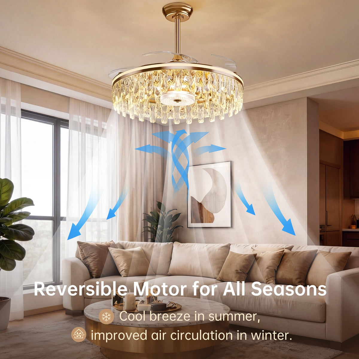 Modern gold ceiling fan with crystal light for bedroom ceilings