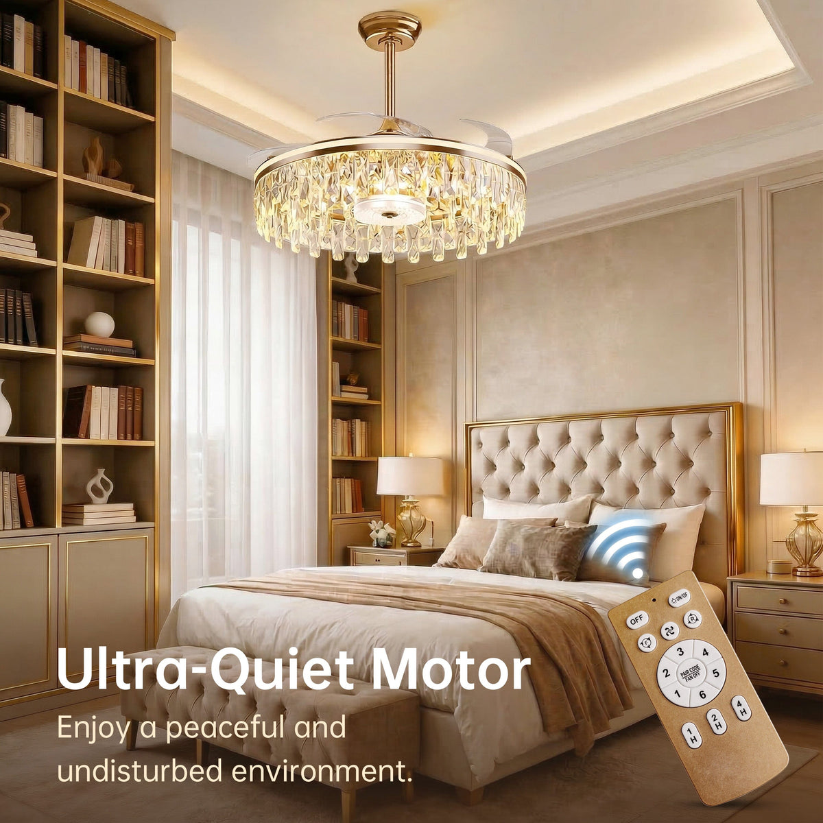 Gold crystal ceiling fan light for dining room and lounge ceilings