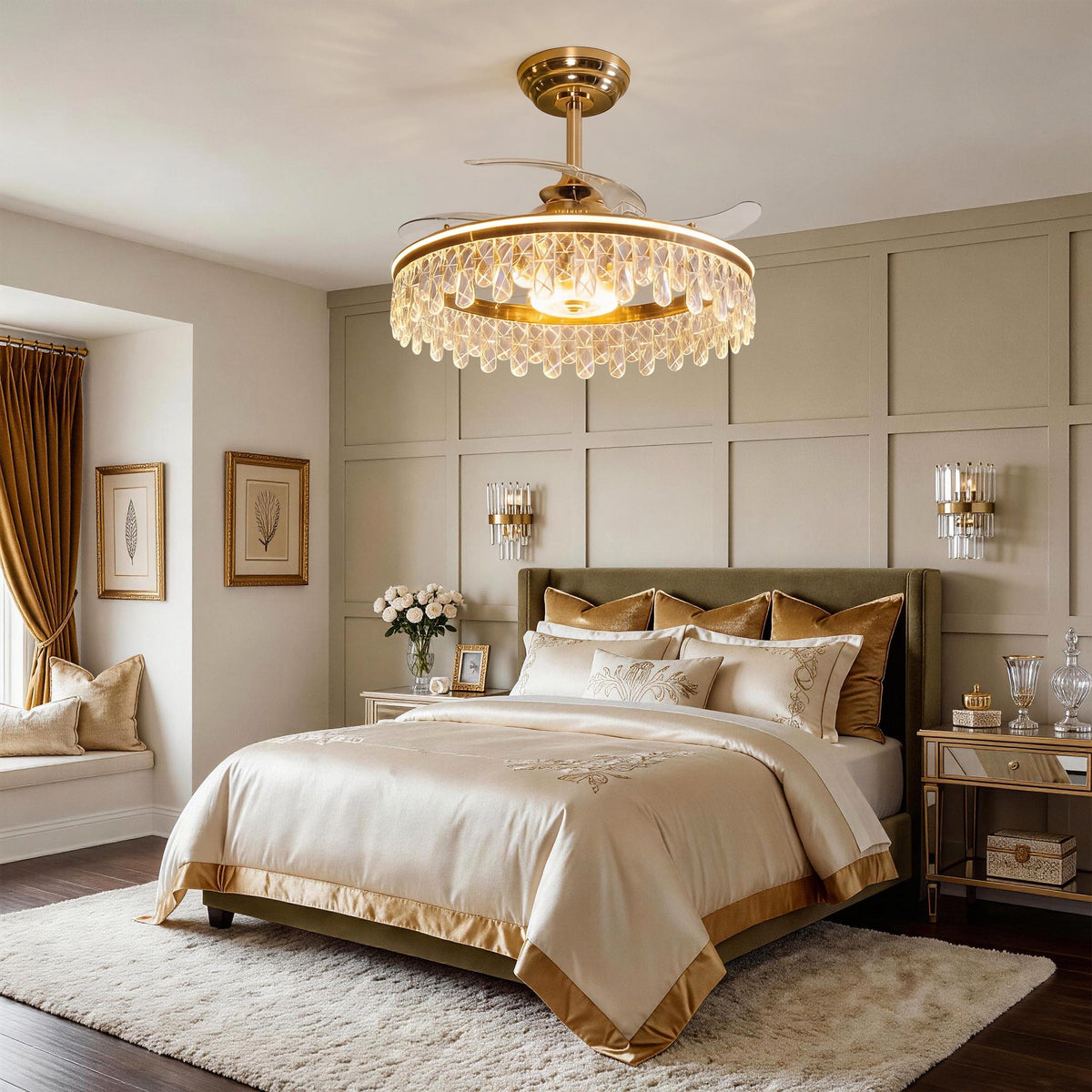 Gold crystal ceiling fan light side view with ceiling-mounted fitting