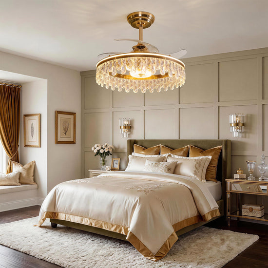 Gold crystal ceiling fan light side view with ceiling-mounted fitting