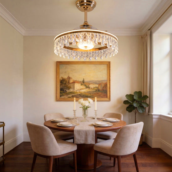 Gold ceiling fan light with crystal accents for elegant room lighting