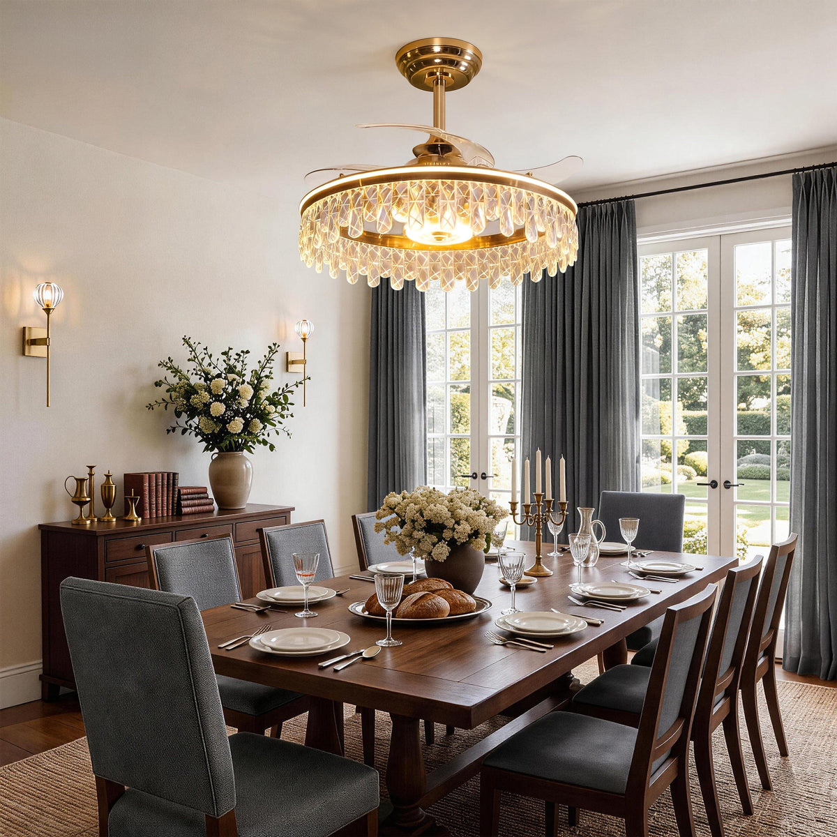 Gold crystal fan light with adjustable colour temperature lighting
