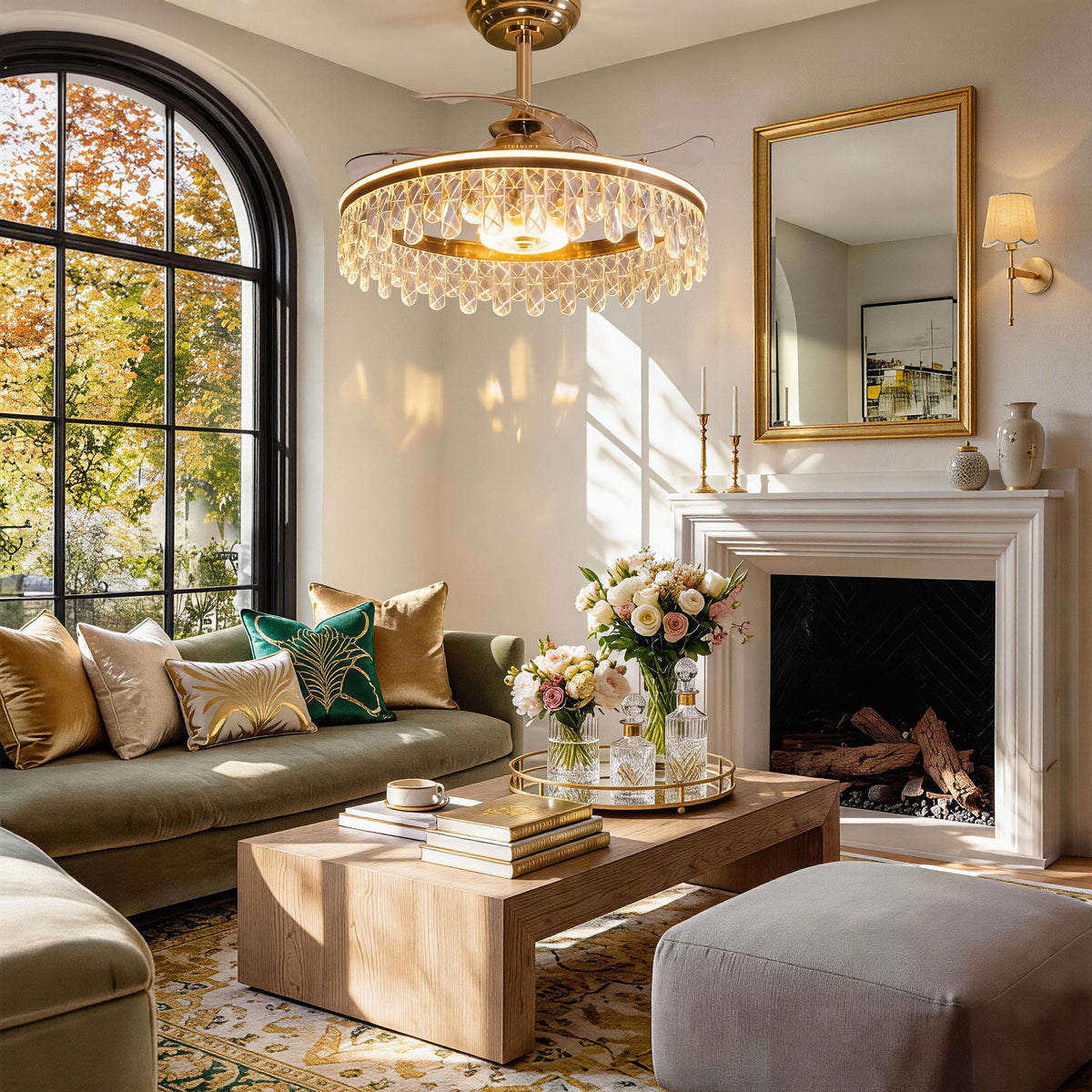 Modern gold crystal ceiling fan with light showing shade and fan blades