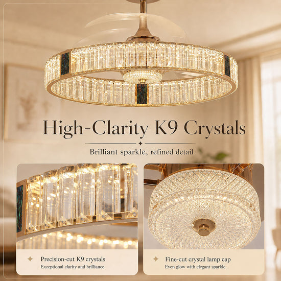Lightsin 60cm Gold Crystal Ceiling Fan with LED Light, Remote Control & 6 Speeds Lightsin UK