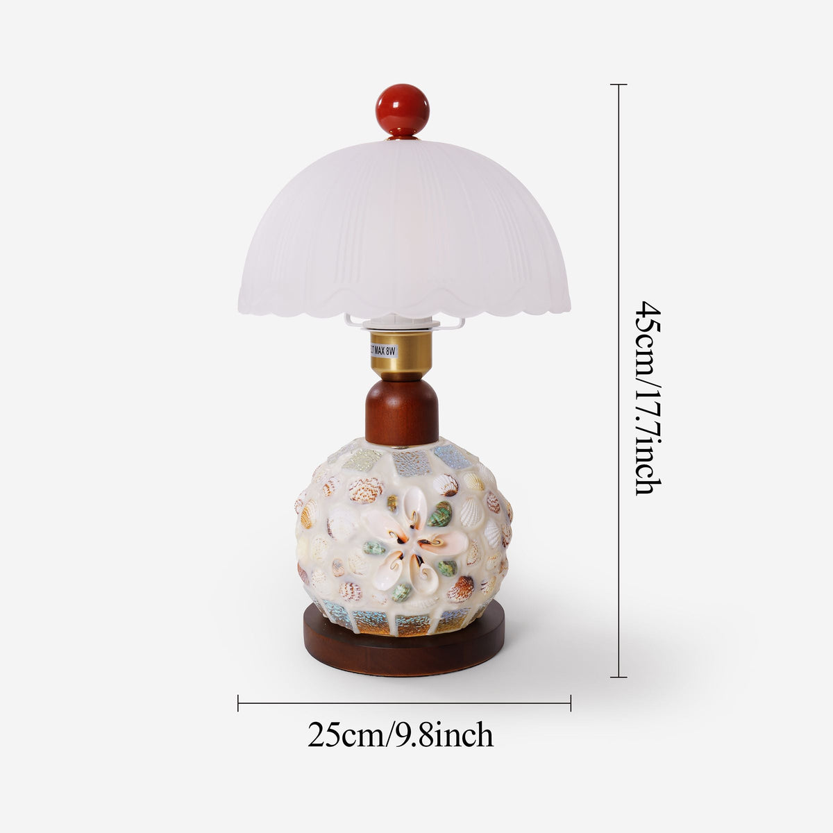seashell mosaic table lamp with close-up shade and base details