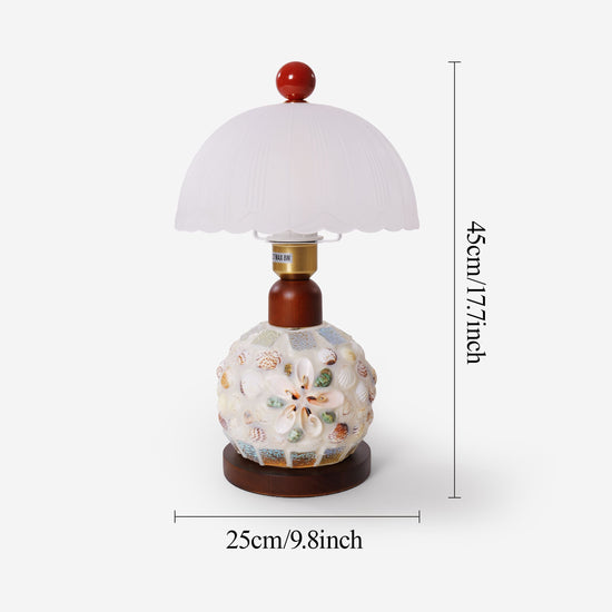 seashell mosaic table lamp with close-up shade and base details