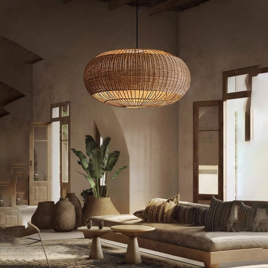 Lightsin Handcrafted Rattan Pendant Light in Flat Round Basket Shape Lightsin UK 50cm Dia×28cm