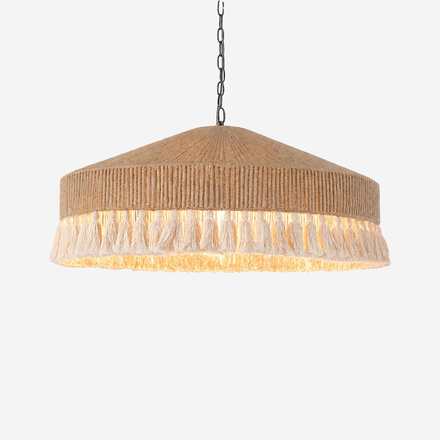 Boho Woven Pendant Light with Tassels, Handcrafted Hemp Rope Hanging Ceiling Light for Dining Room & Living Room