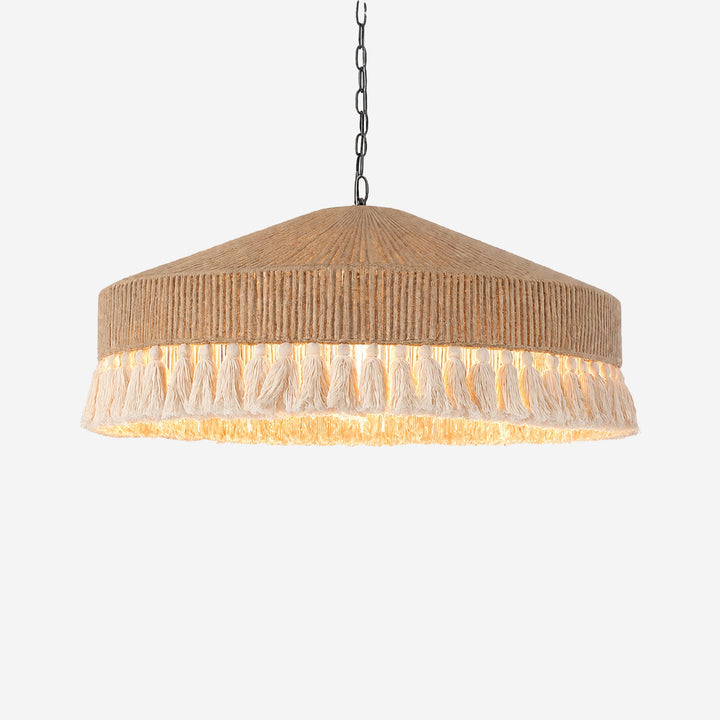 Boho Woven Pendant Light with Tassels, Handcrafted Hemp Rope Hanging Ceiling Light for Dining Room & Living Room