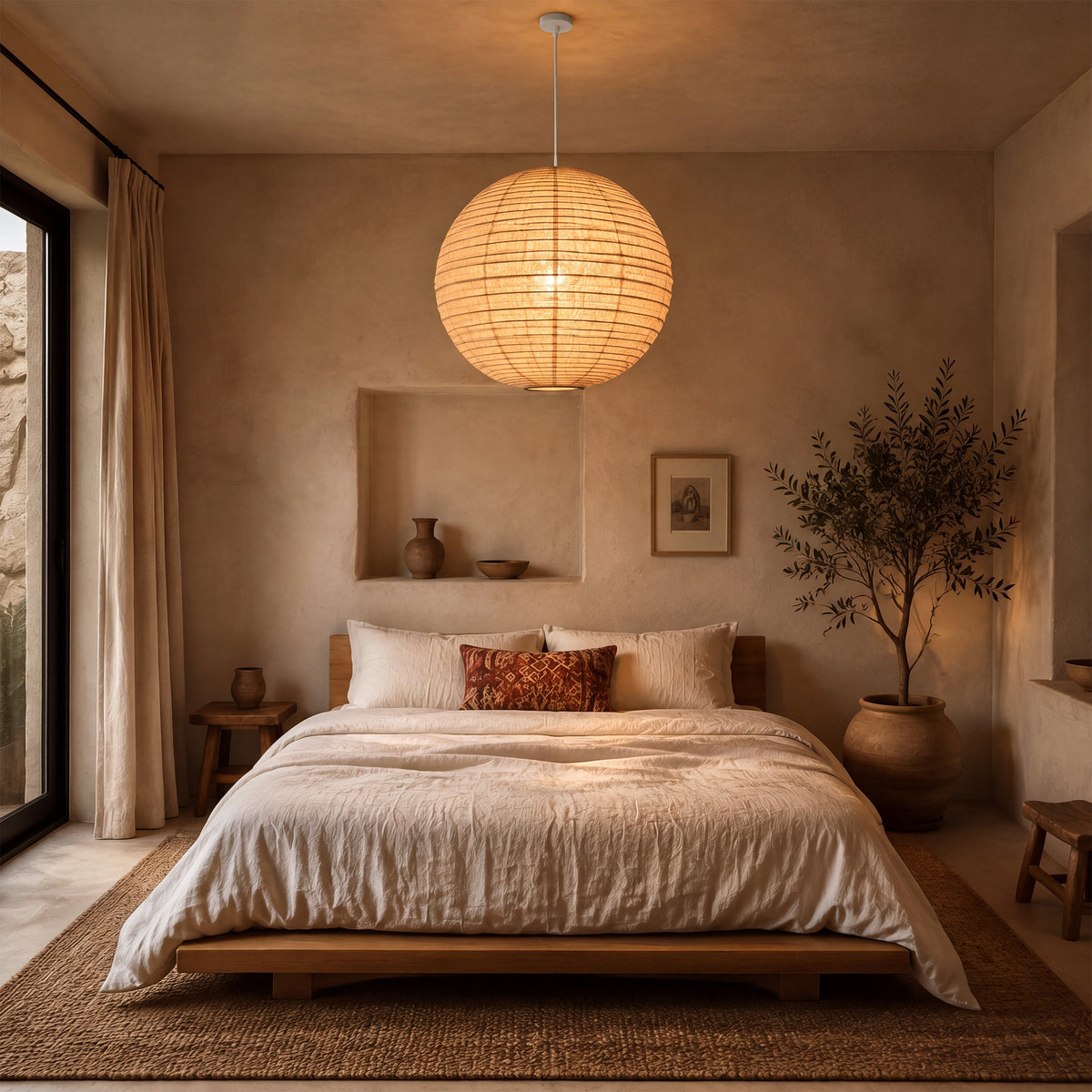 Wabi-Sabi Linen Spherical Pendant Light for Bedroom, Dining Room & Boho Interiors