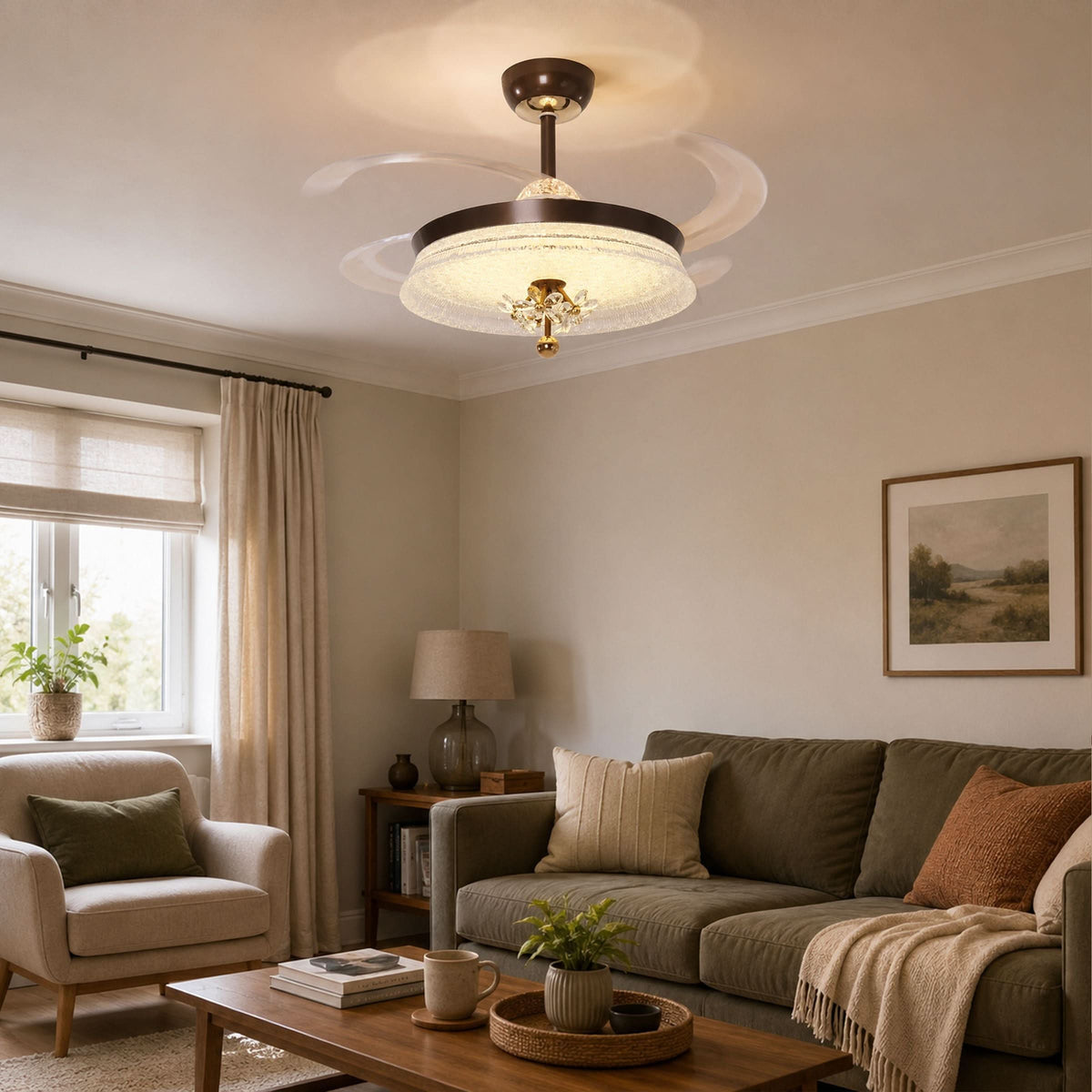36 inch reversible ceiling fan with LED light shown from below with LED light on