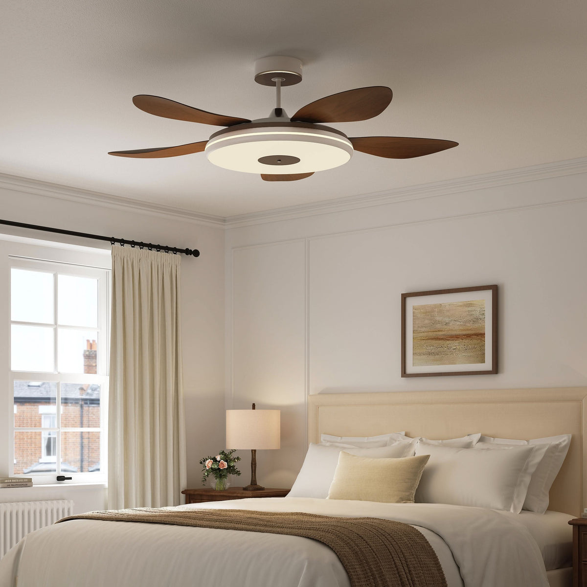 48 inch ceiling fan with dimmable LED light with dimensions shown for installation