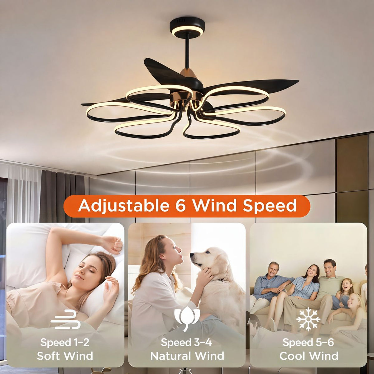 Lightsin 36-inch Black Modern Petal LED Ceiling Fan with Light - 6-Speed with Remote Control Lightsin UK