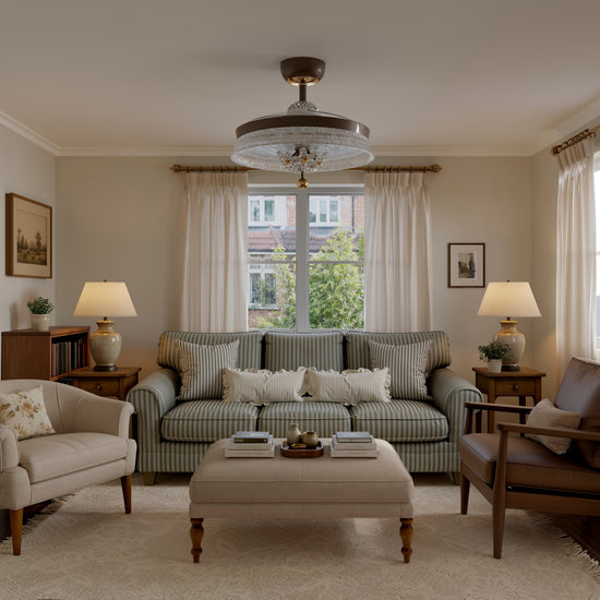 36 inch reversible ceiling fan with LED light with dimensions shown for installation