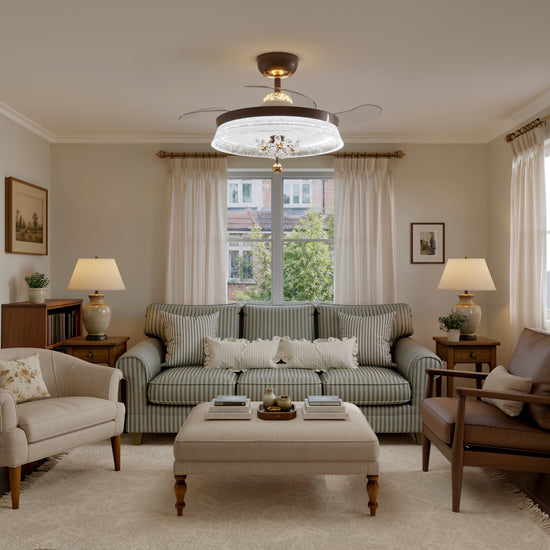 36 inch reversible ceiling fan with LED light with a compact motor and blade detail