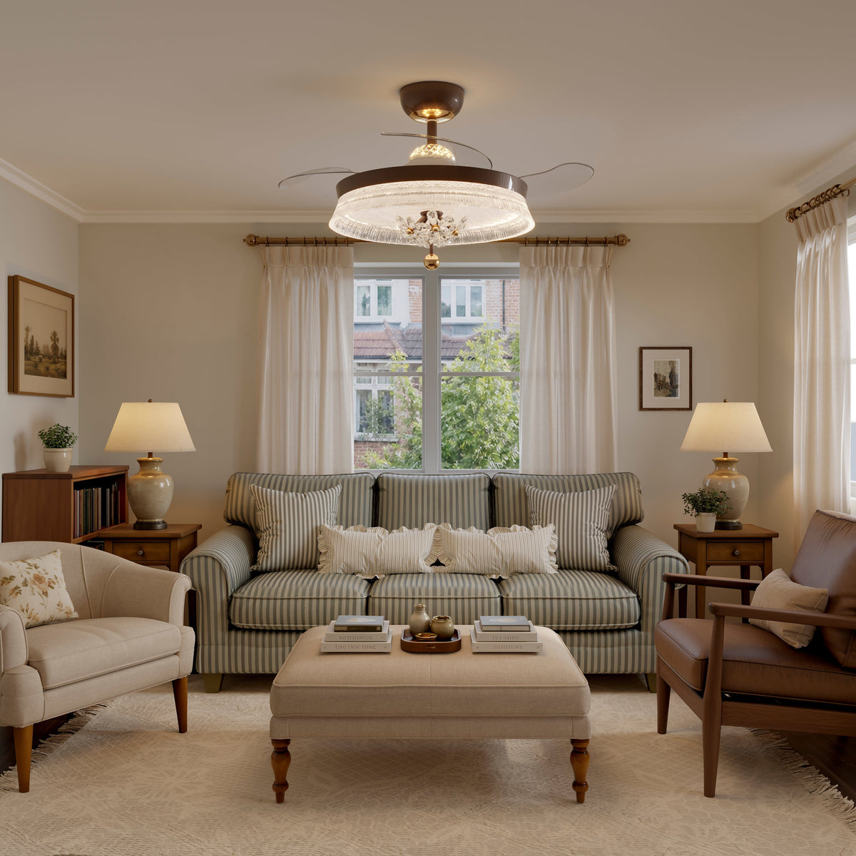 36 inch reversible ceiling fan with LED light shown from below with LED light on