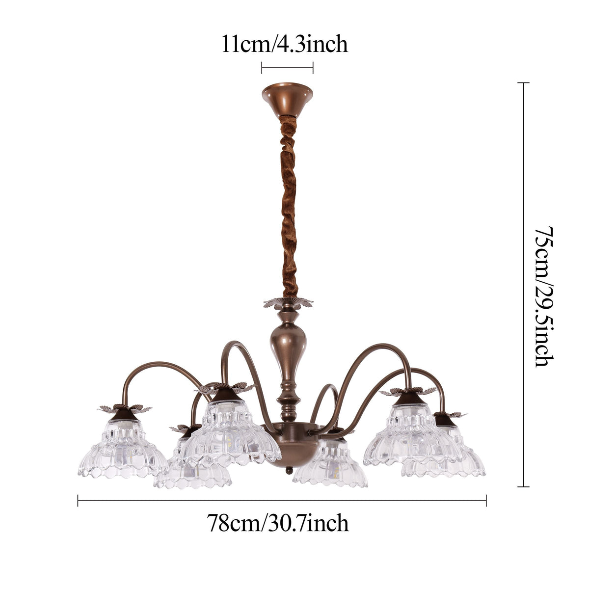 gold 6-light floral glass chandelier adding soft light to a bedroom