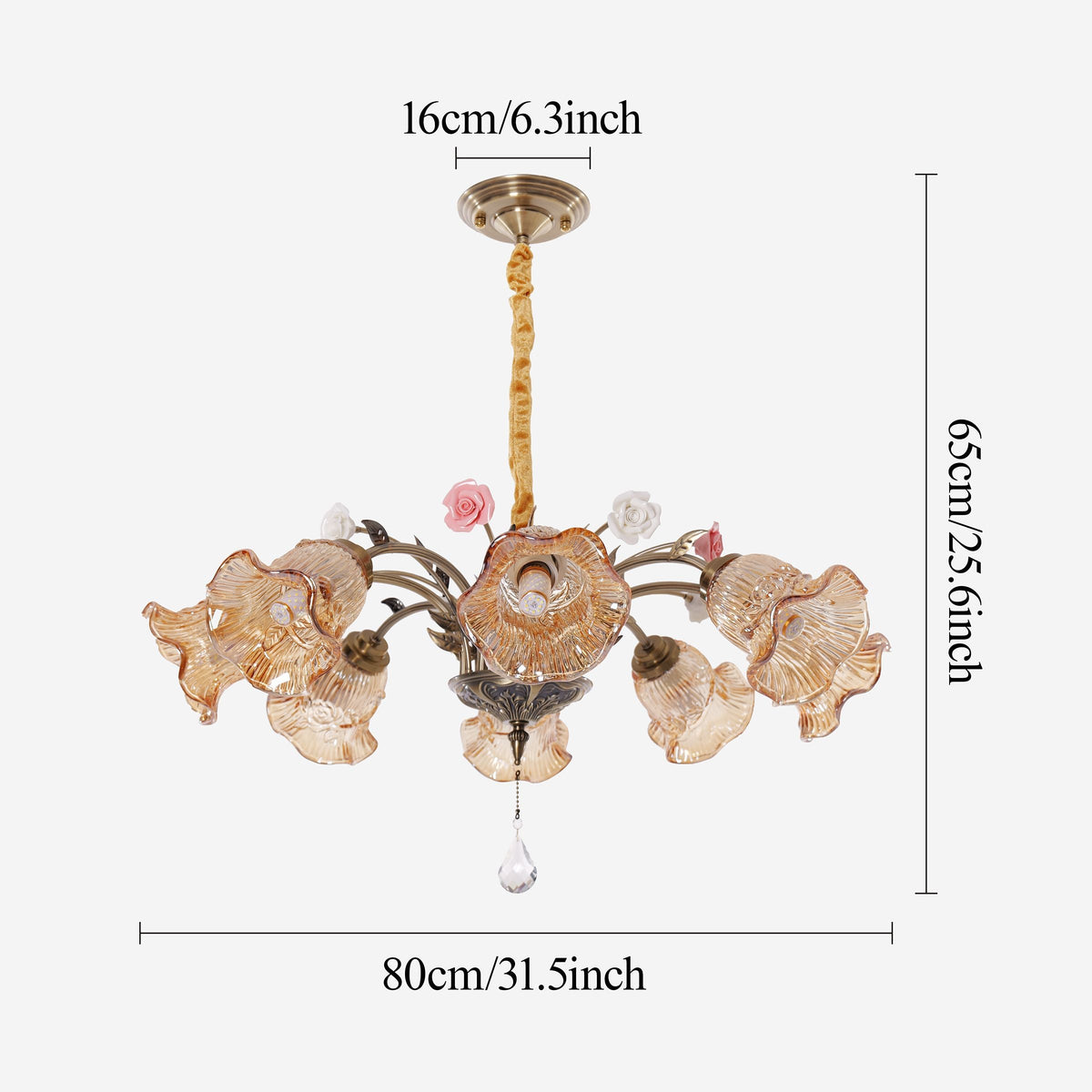 antique bronze chandelier with amber flower shades with close-up glass flower detail