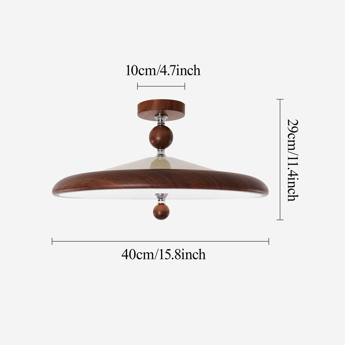 walnut two-globe flush ceiling light with shade texture and trim detail