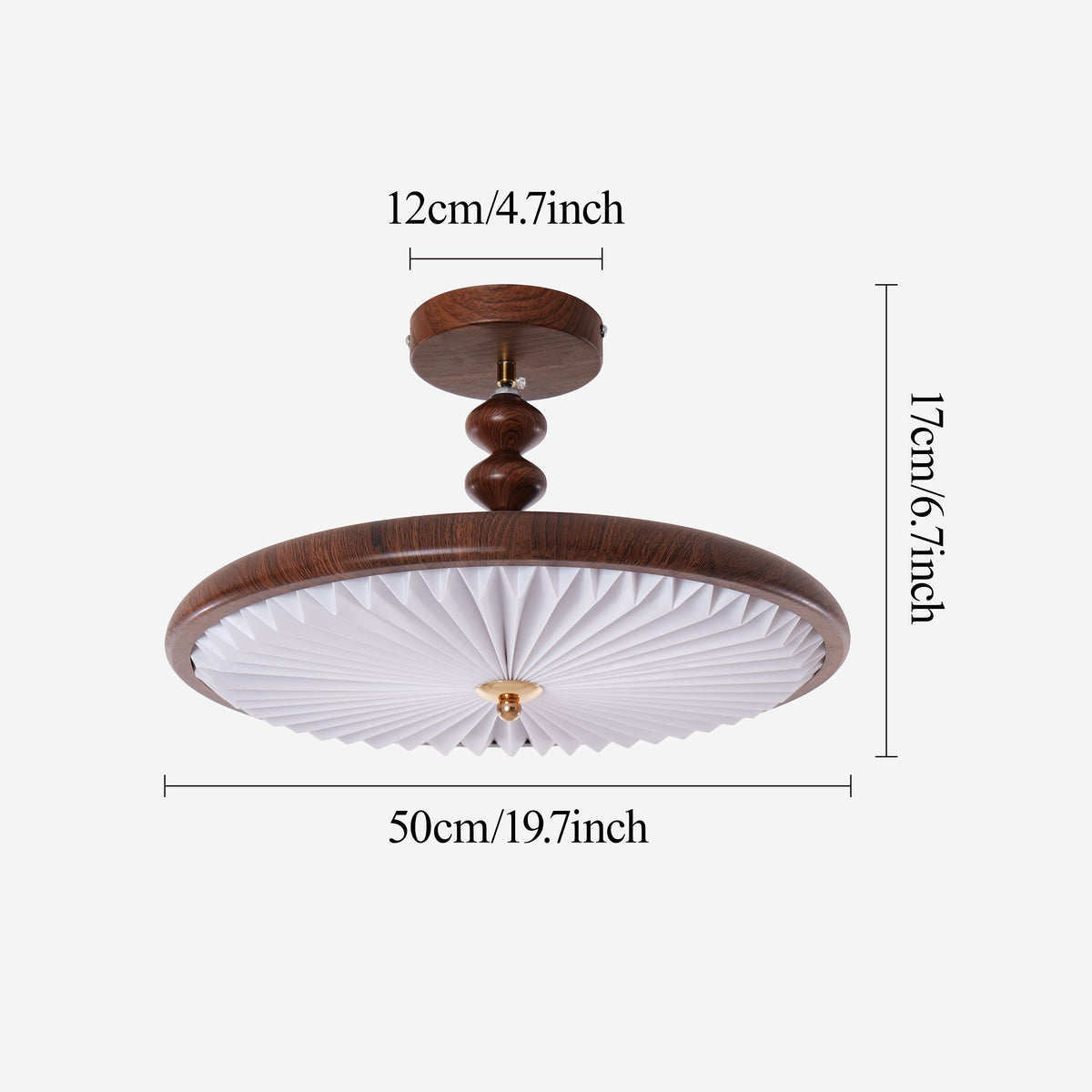 walnut pleated flush ceiling light shown as a clean product view
