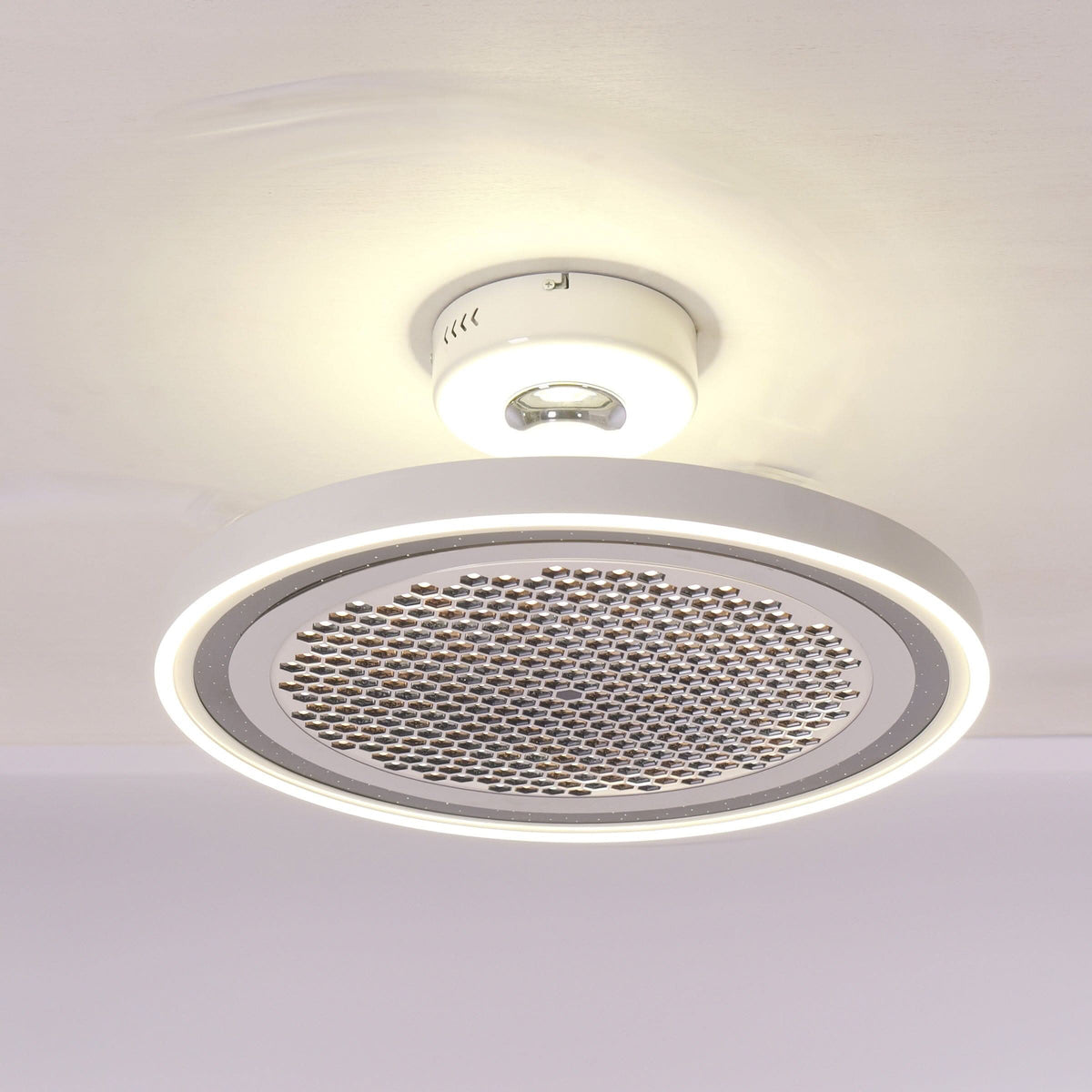 48 inch reversible ceiling fan with LED light shown from below with LED light on