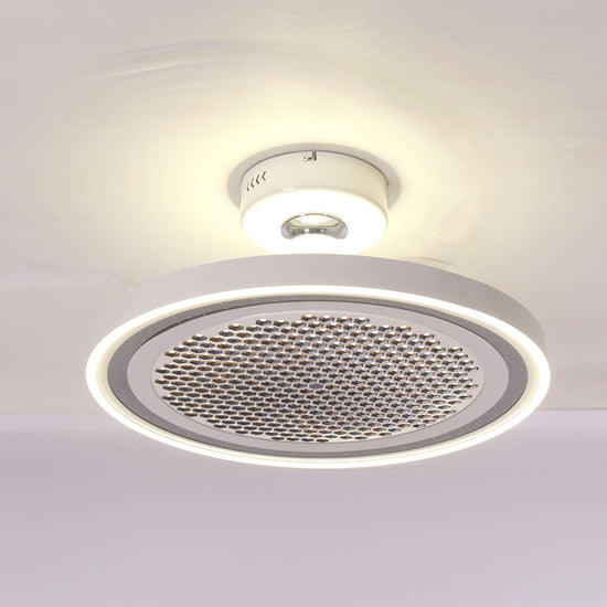48 inch reversible ceiling fan with LED light shown from below with LED light on