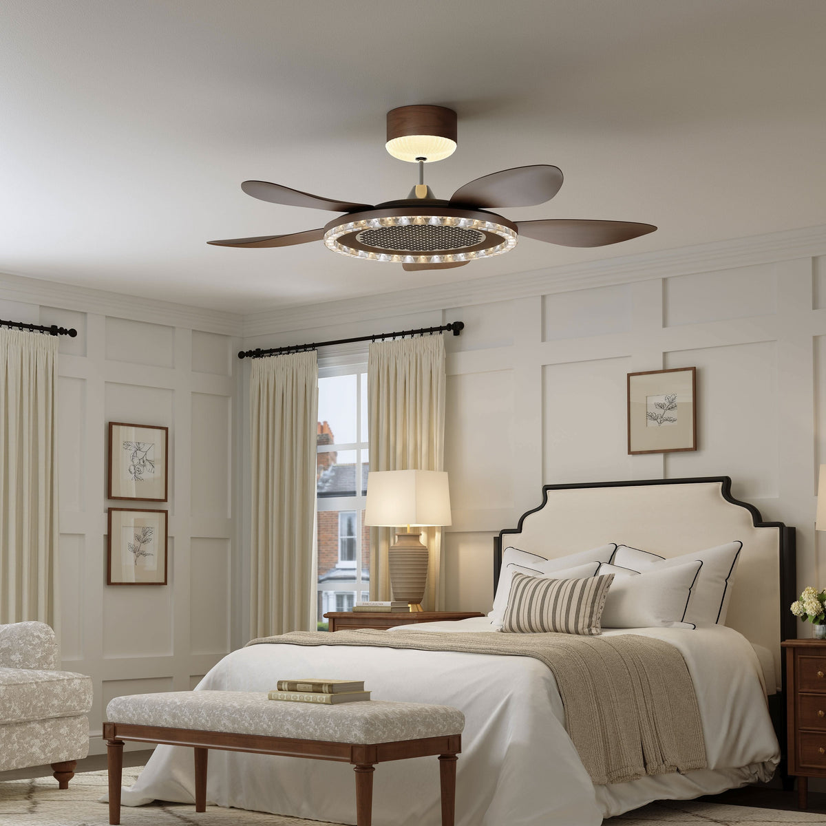 48 inch reversible ceiling fan with LED light with a compact motor and blade detail