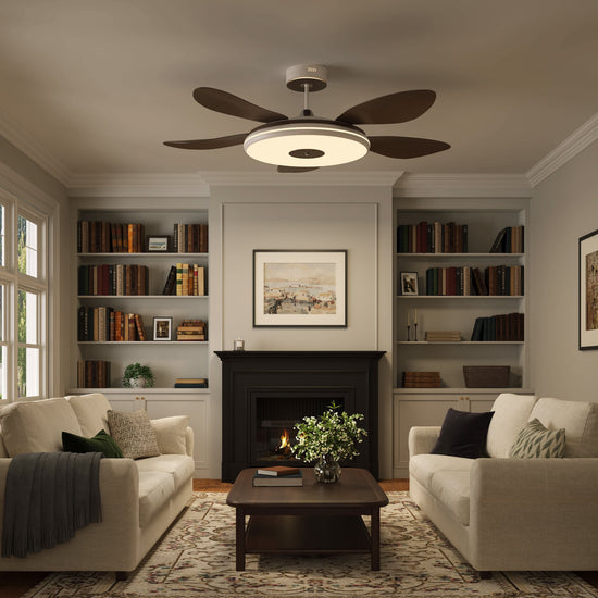 48 inch ceiling fan with dimmable LED light shown from below with LED light on