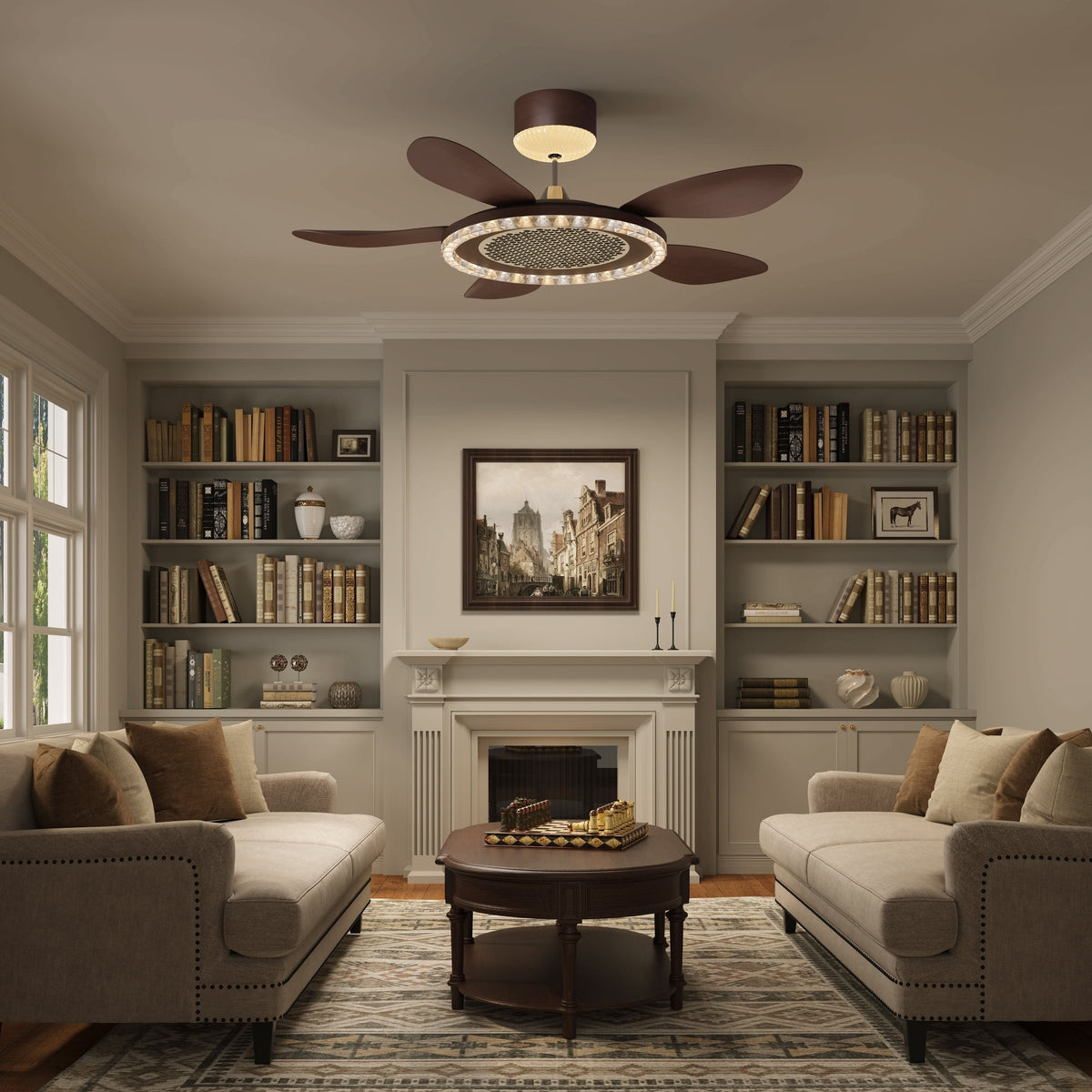 48 inch reversible ceiling fan with LED light cooling a bright bedroom