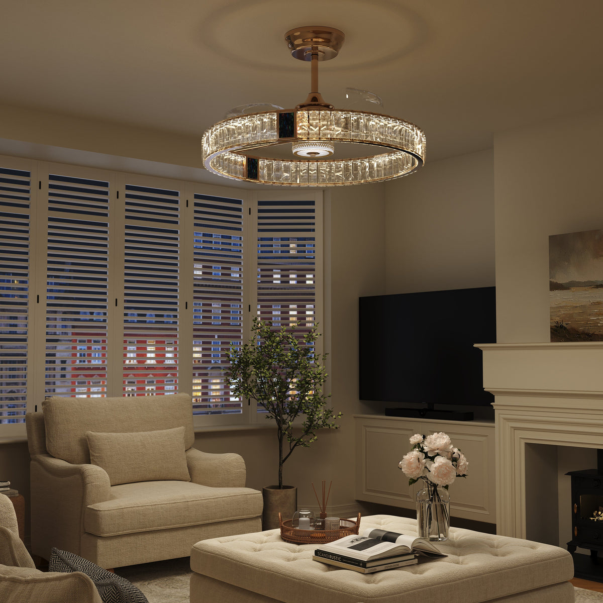 Elegant gold ceiling fan with crystal light fitted in a home interior
