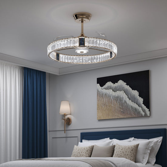Decorative gold crystal ceiling fan light with chandelier-style detail