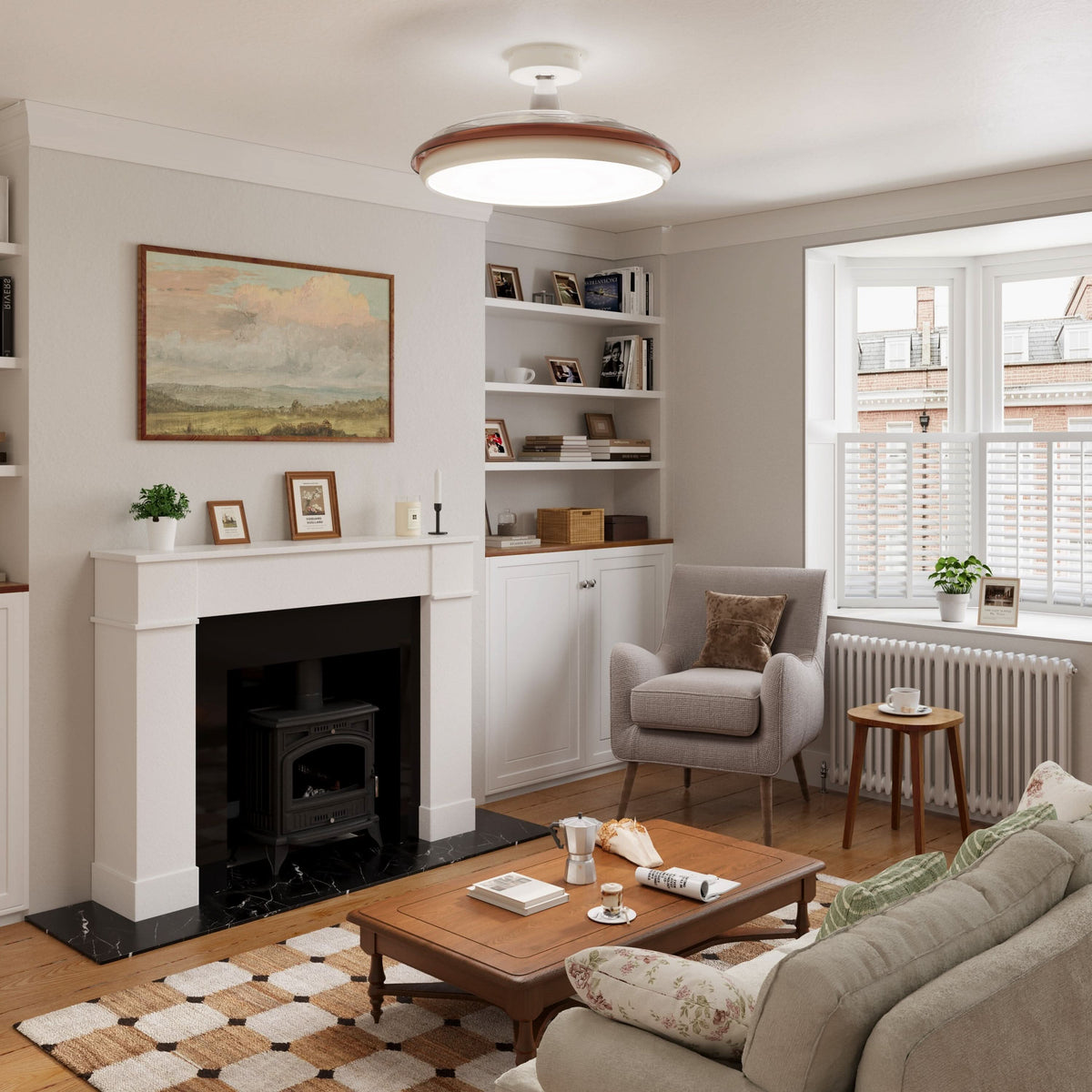 36 inch ceiling fan with dimmable LED light highlighting the blade and light ring
